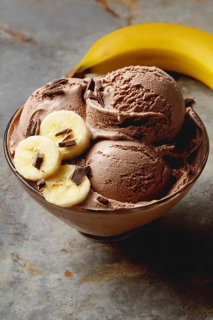 Delicious Chocolate Banana Frozen Yogurt in a bowl topped with banana slices and chocolate sprinkles.