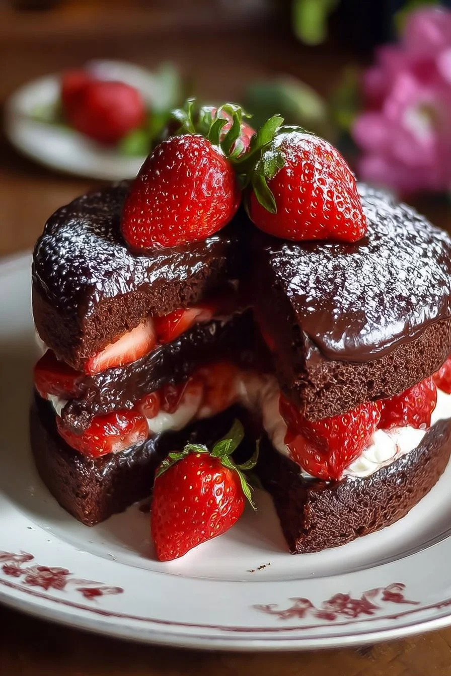 Chocolate cake with fresh strawberry filling garnished with berries
