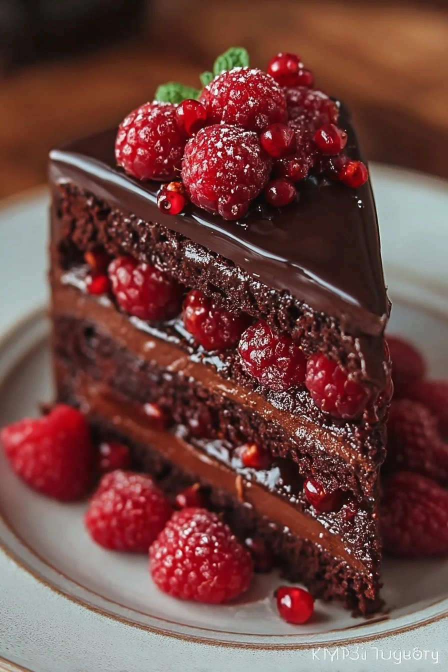 Chocolate Raspberry Truffle Cake with chocolate ganache and fresh raspberries