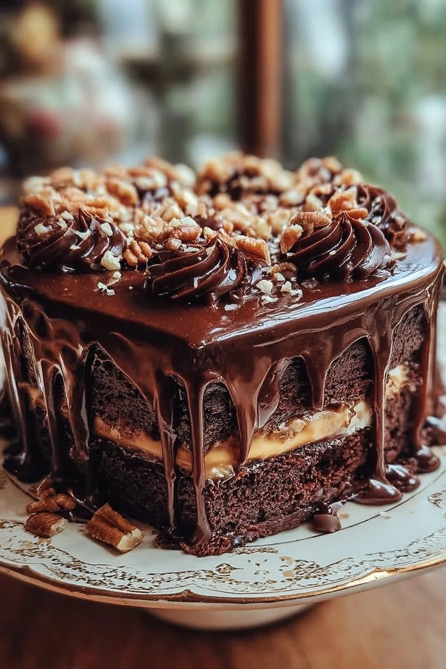 Deliciously layered Chocolate Turtle Cake with caramel and pecans