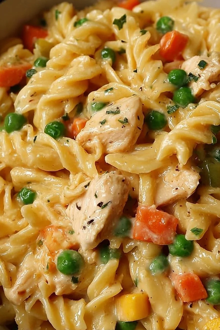 Classic chicken pot pie pasta recipe with chicken, vegetables, and creamy sauce