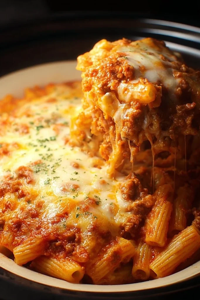 Delicious slow cooker baked ziti topped with melted cheese and herbs