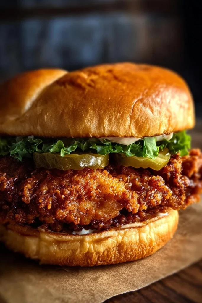 Homemade copycat Chick-fil-A crispy chicken sandwich with toppings