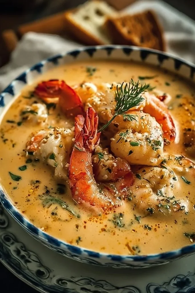 Bowl of rich crab and shrimp seafood bisque garnished with herbs