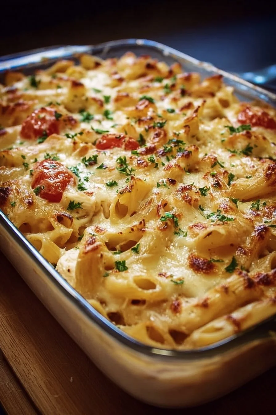 Delicious Crack Chicken Pasta Bake topped with cheese and herbs