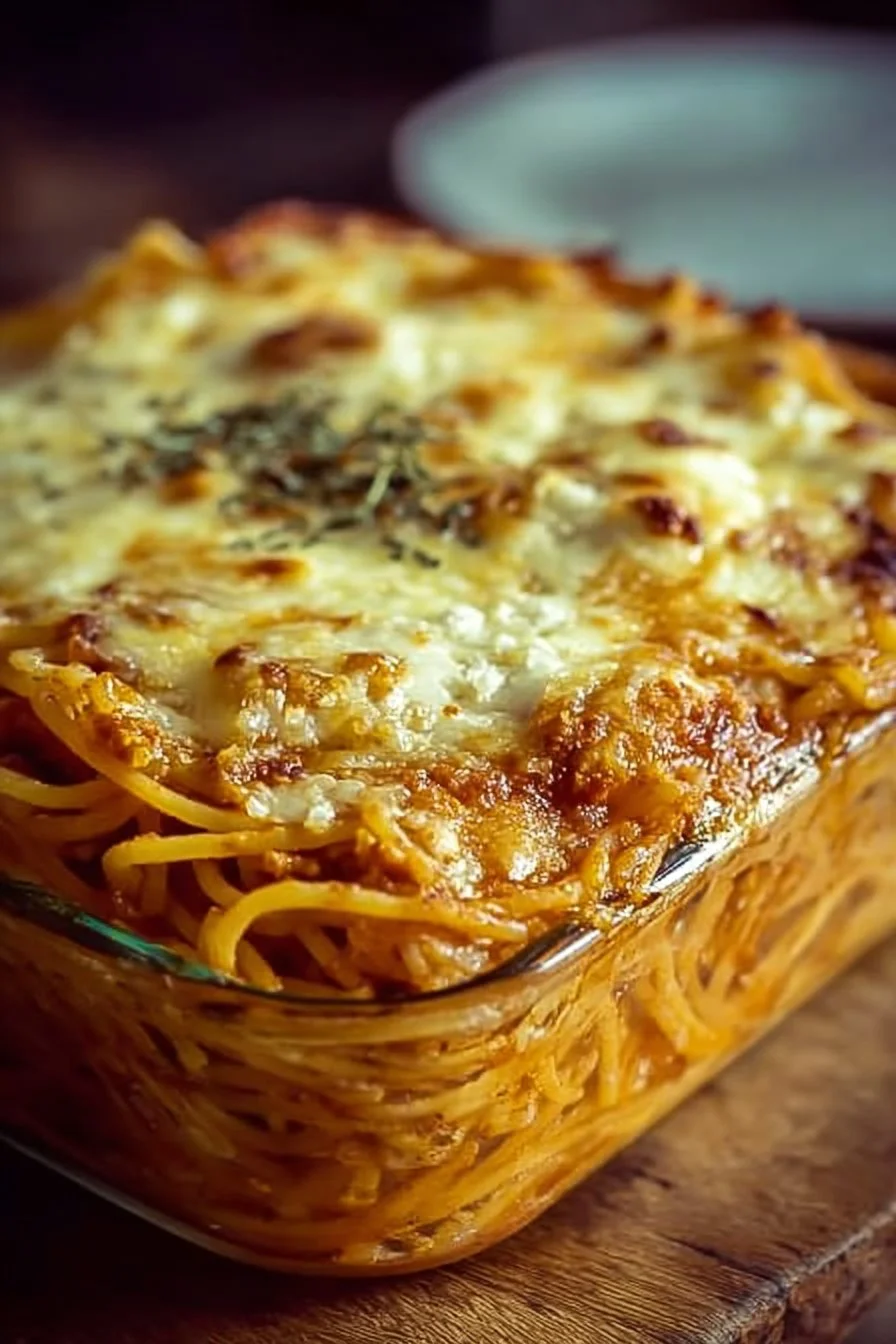 Cream Cheese Spaghetti Casserole ready to be served in a baking dish