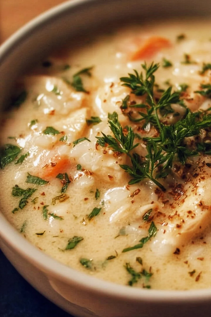 Bowl of creamy chicken rice soup garnished with herbs and spices
