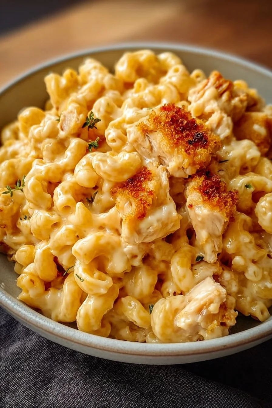 Creamy chicken mac and cheese dish with melted cheese and tender chicken pieces