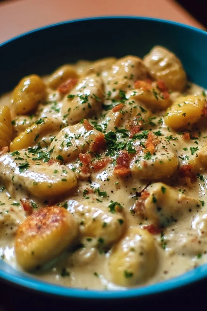 Delicious bowl of creamy Crack Chicken Gnocchi topped with herbs.