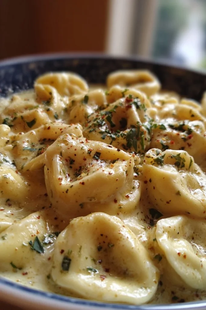 Creamy crockpot tortellini alfredo served in a bowl