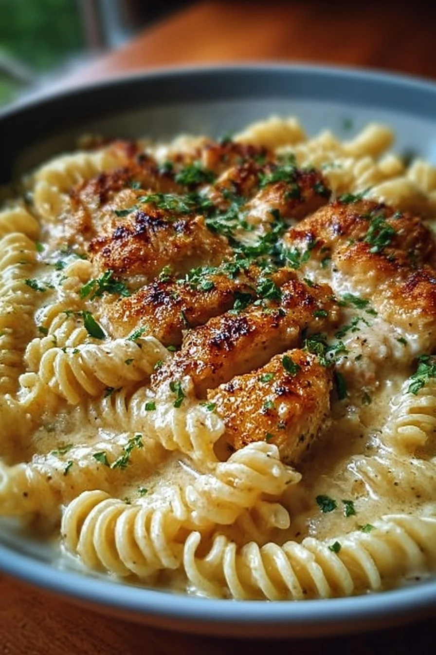 Creamy garlic butter chicken served with rotini in Parmesan sauce