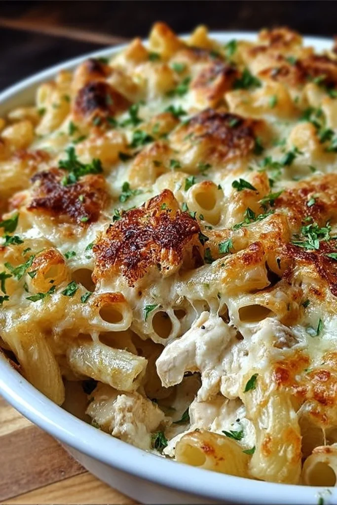 Creamy garlic parmesan chicken pasta bake in a baking dish