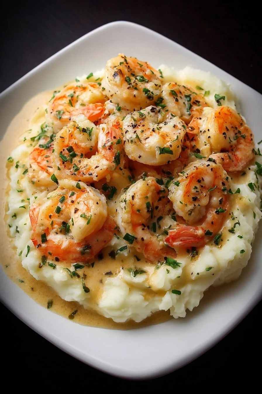 Creamy garlic shrimp dish served alongside mashed potatoes