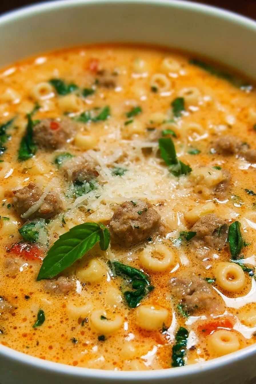 Creamy Parmesan Italian Sausage Ditalini Soup in a bowl, garnished with herbs.