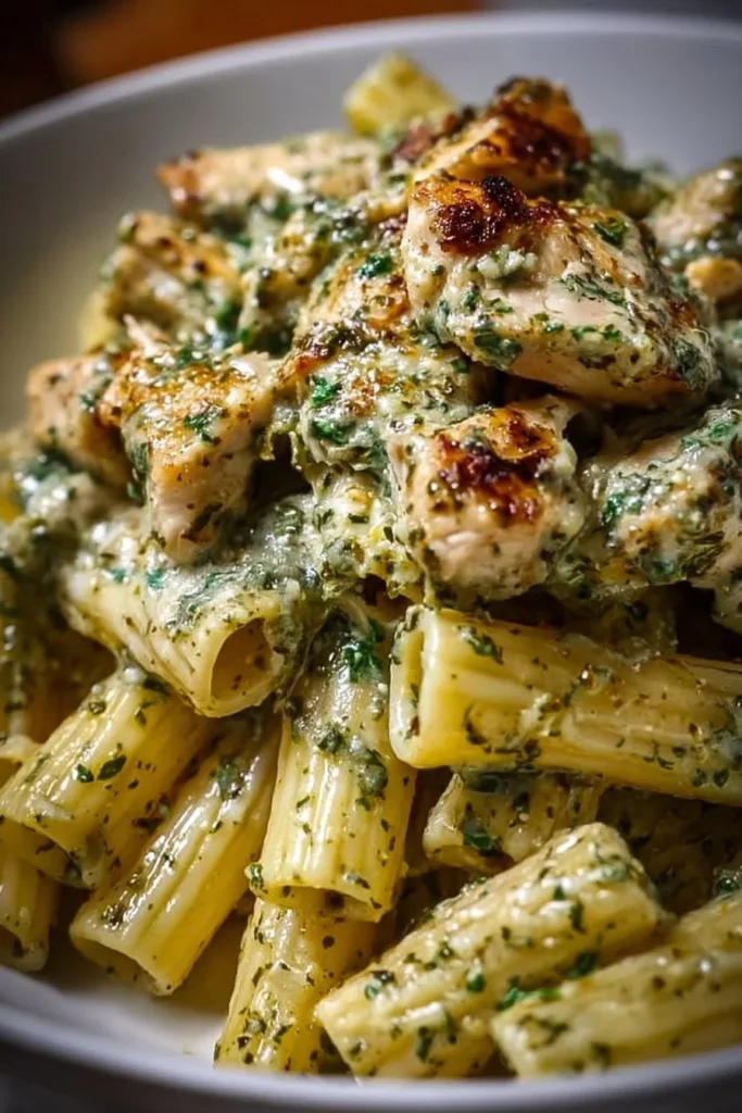 Creamy pesto chicken pasta with grilled chicken and fresh basil sauce