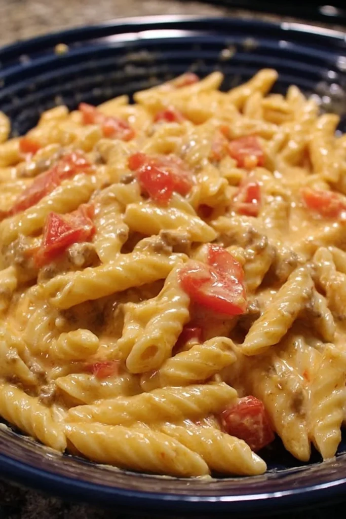 Creamy Rotel pasta dish served in a bowl for family dinner night