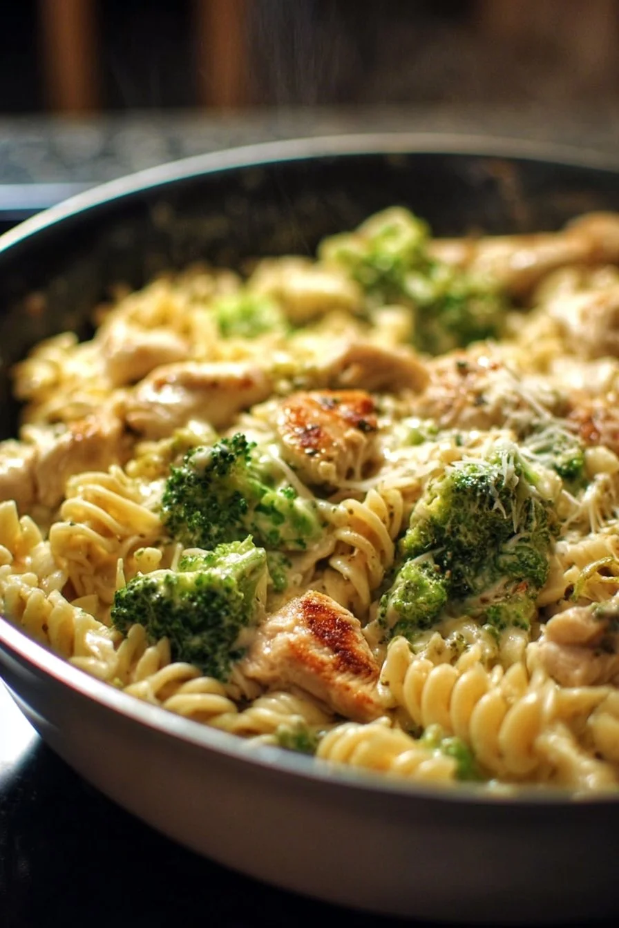 Creamy rotisserie chicken broccoli pasta dish garnished with fresh herbs