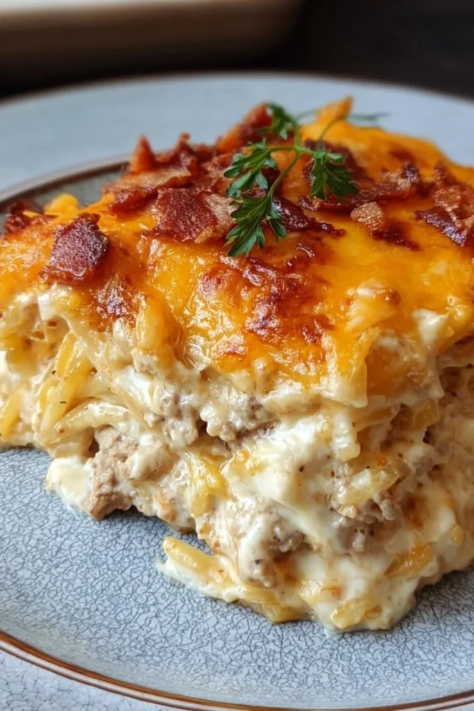 Creamy Southern Spaghetti Bake in a casserole dish, topped with melted cheese.