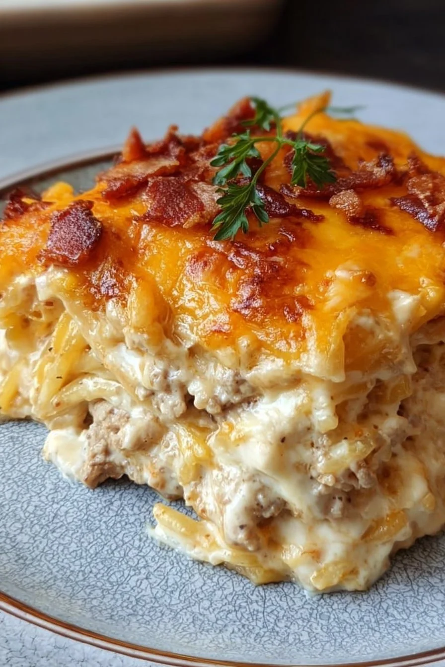 Creamy Southern Spaghetti Bake in a casserole dish, topped with melted cheese.