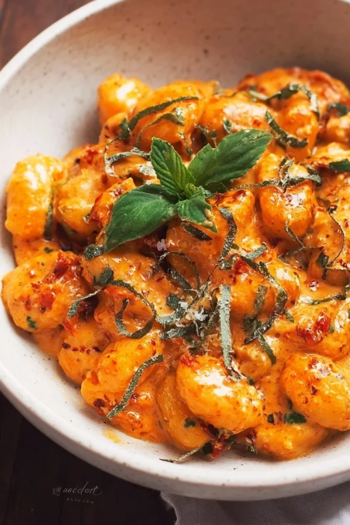 Creamy sundried tomato gnocchi dish garnished with fresh herbs