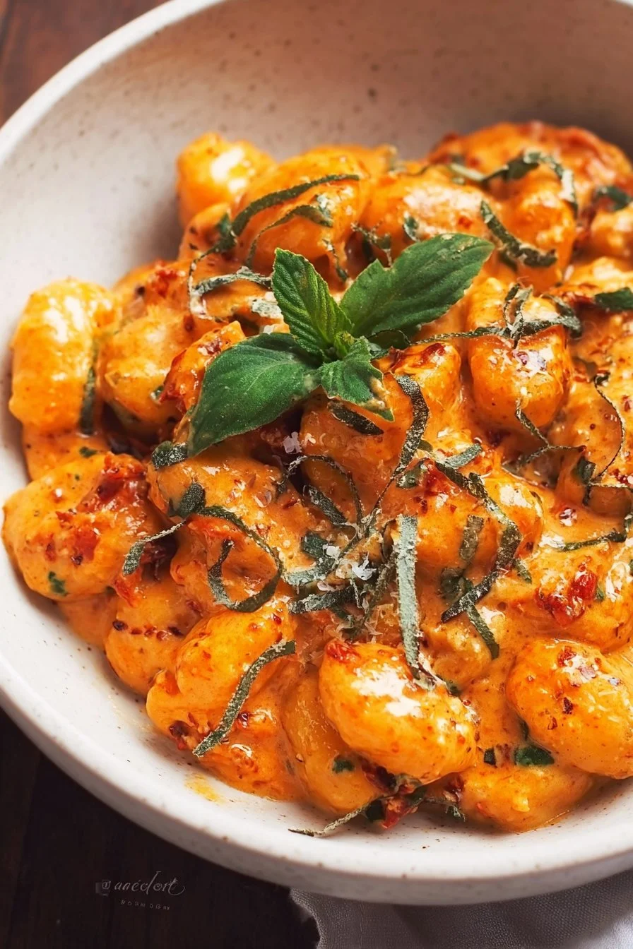 Creamy sundried tomato gnocchi dish garnished with fresh herbs