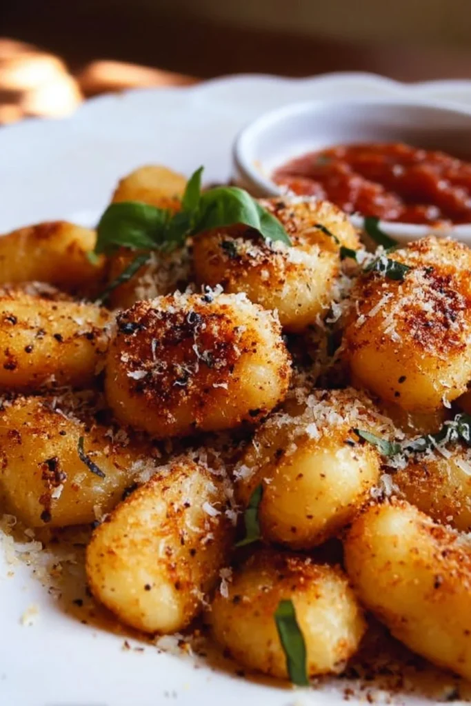 Delicious crispy air fryer gnocchi served with seasoning and herbs.