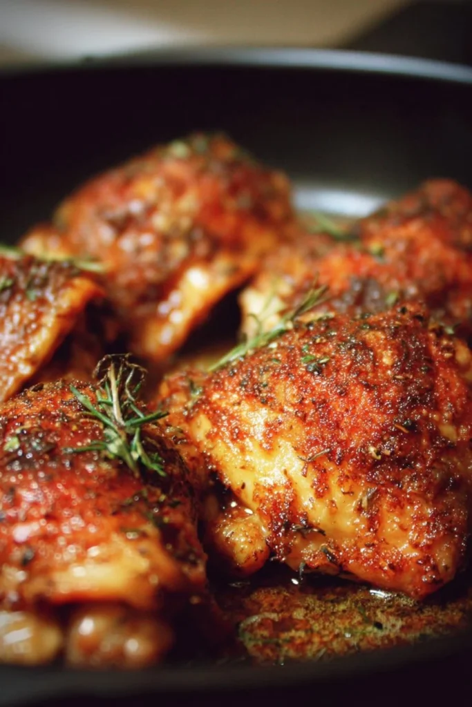 Crispy baked chicken thighs served with herbs and spices