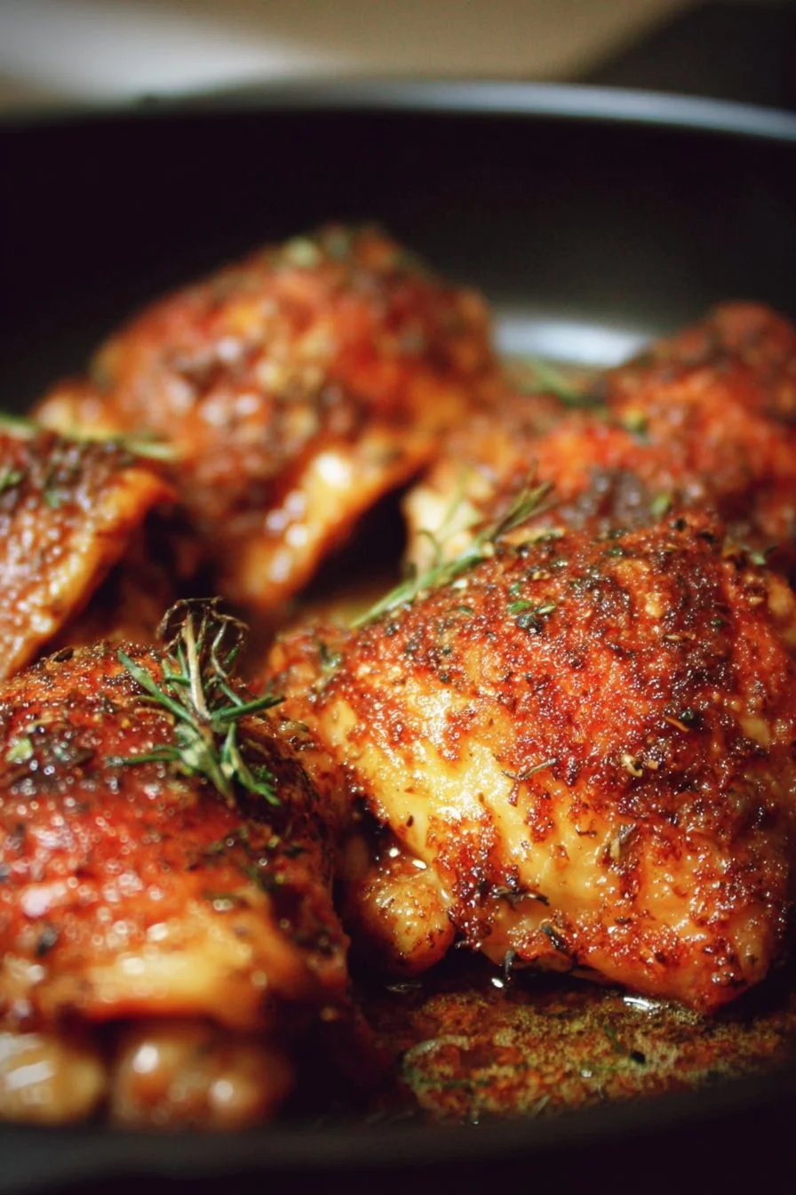 Crispy baked chicken thighs served with herbs and spices
