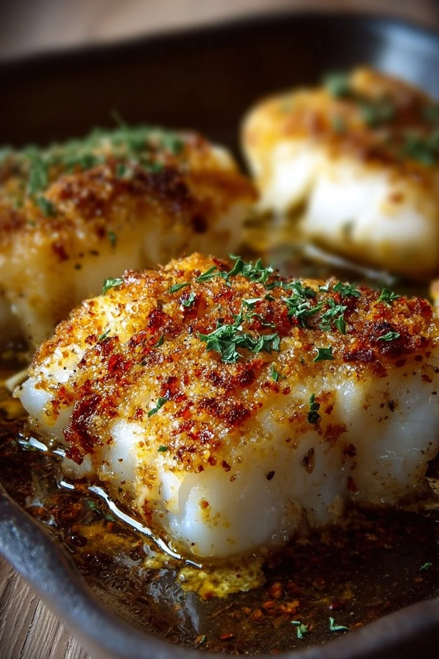 Crispy baked cod fillet served with lemon and herbs