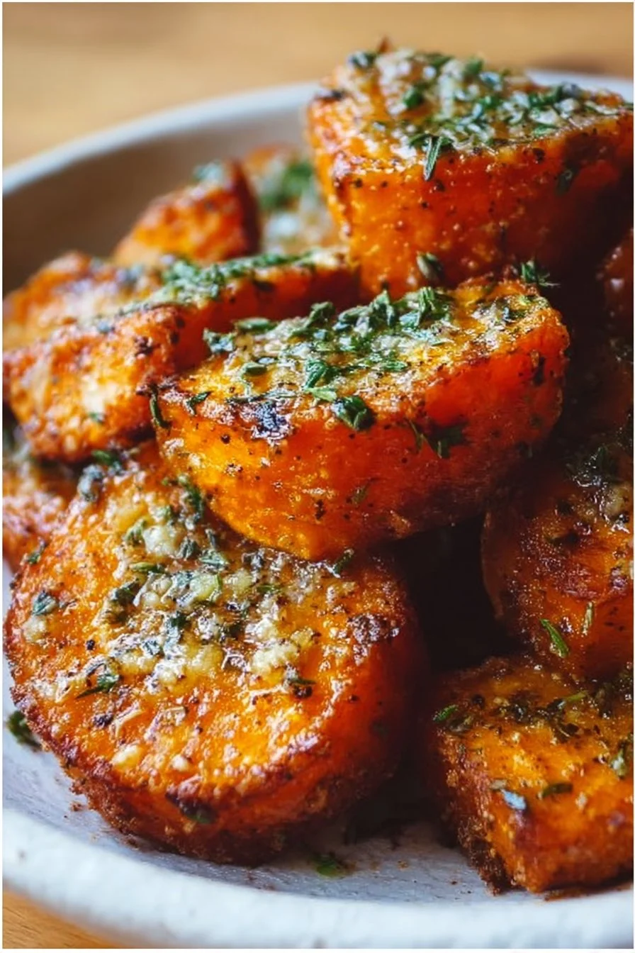 Crispy baked sweet potato bites topped with Parmesan and herb butter garnish