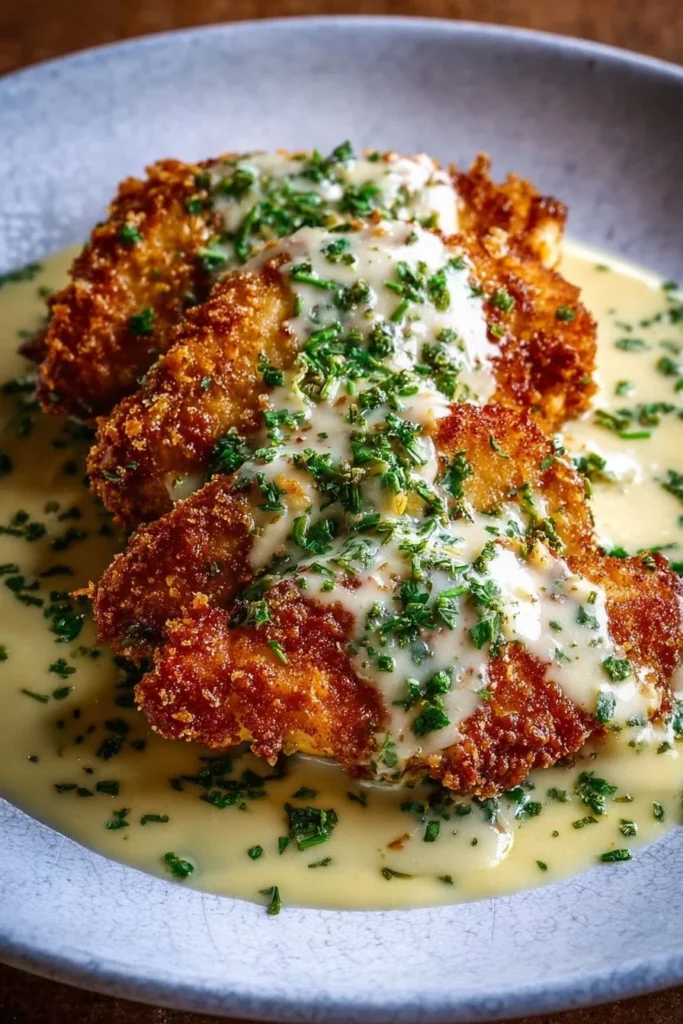 Crispy chicken drizzled with garlic cream sauce on a white plate