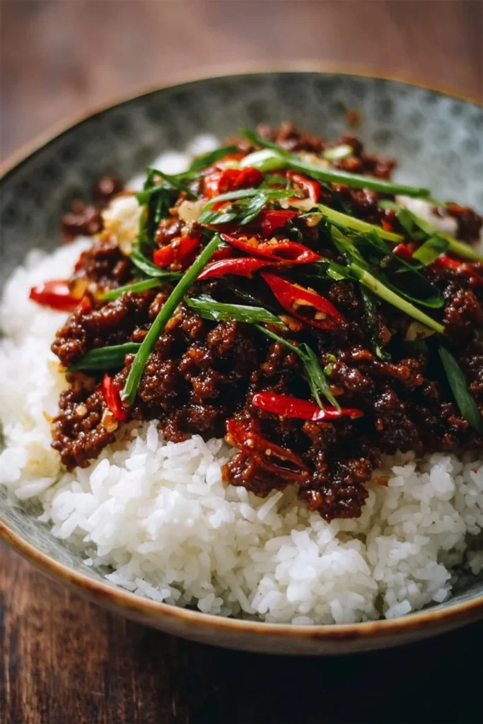 Plate of crispy chilli beef rice garnished with herbs and spices