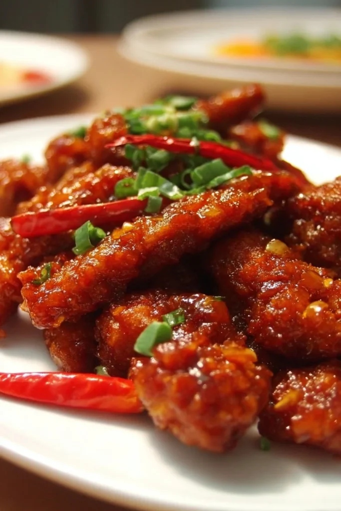 Delicious plate of Crispy Chilli Chicken garnished with fresh herbs