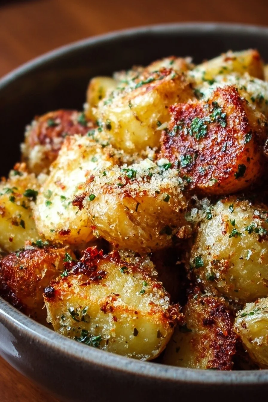 Crispy garlic parmesan roasted potatoes garnished with fresh parsley