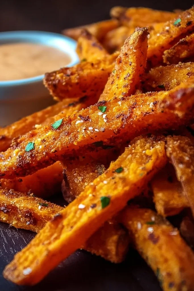 Crispy oven baked sweet potato fries served in a bowl with dipping sauce.