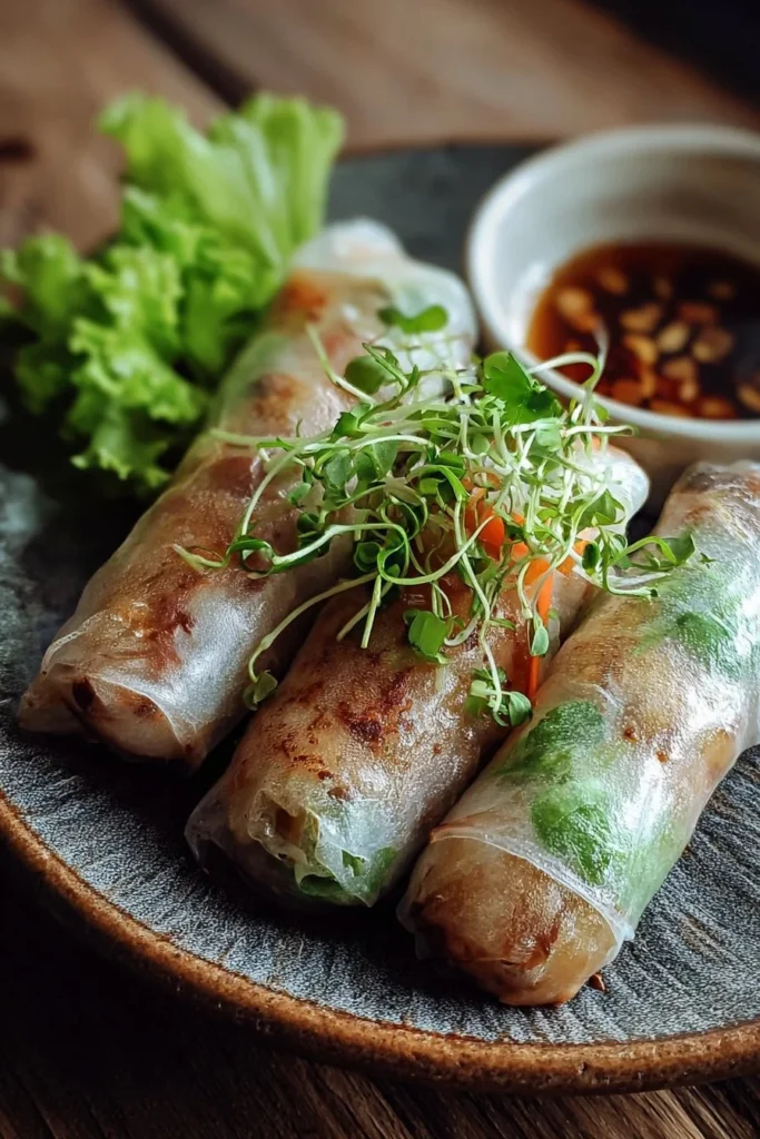 Crispy rice paper spring rolls filled with fresh vegetables and herbs