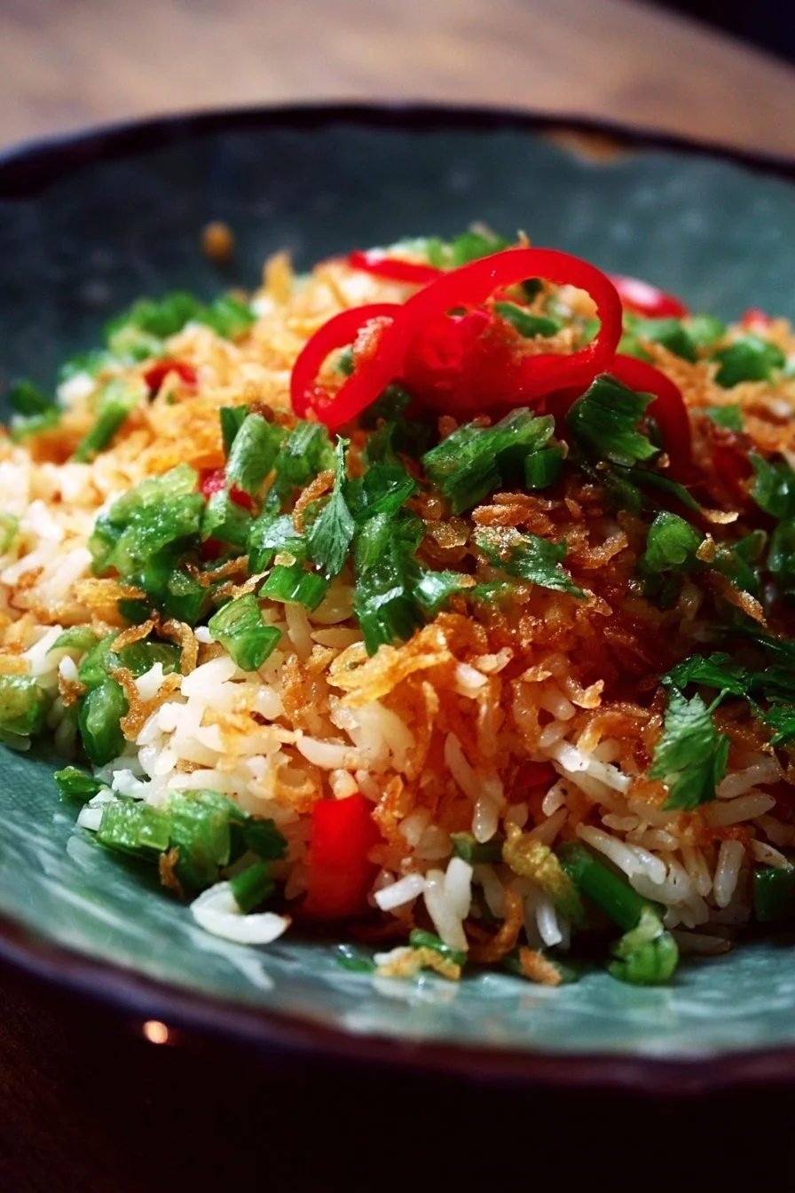 Crispy Rice Salad topped with fresh vegetables and a zesty dressing.