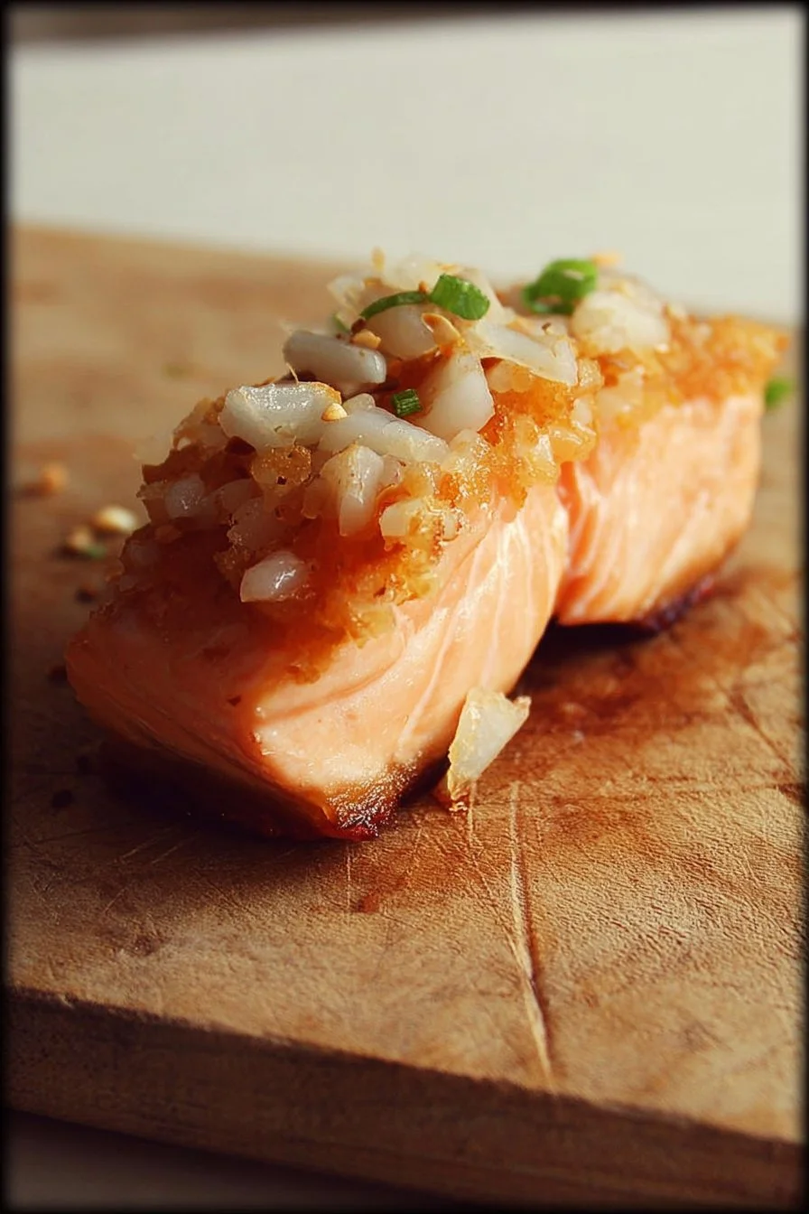 Crispy rice salmon dish garnished with fresh herbs and drizzled with sauce.
