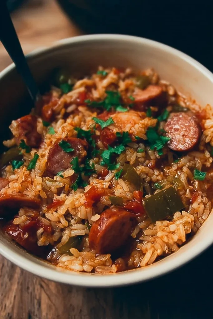 Delicious Crock Pot Jambalaya with shrimp, sausage, and rice
