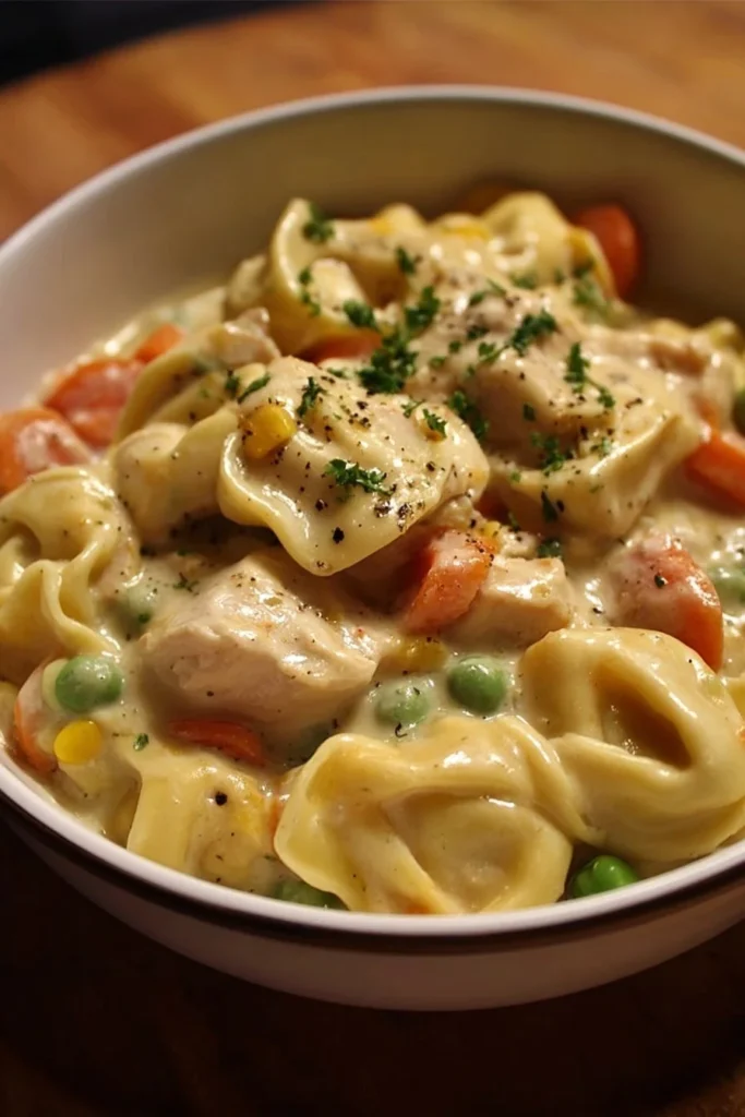 Crockpot Cheddar Chicken Pot Pie Tortellini served in a bowl with herbs
