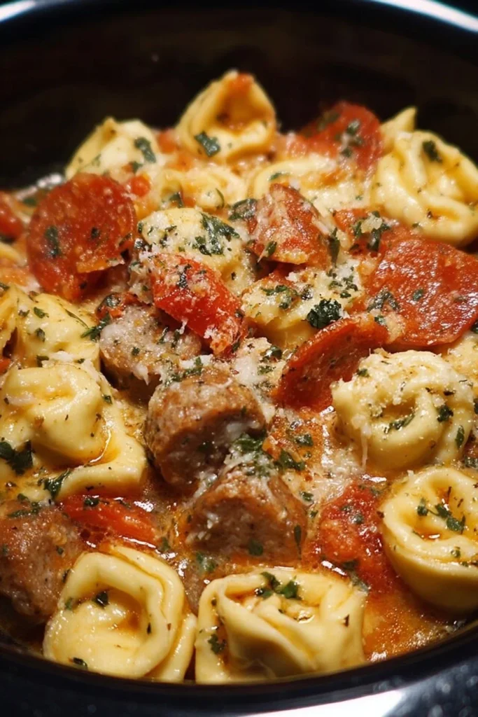 Delicious Crockpot Cheese Tortellini with Sausage ready to serve