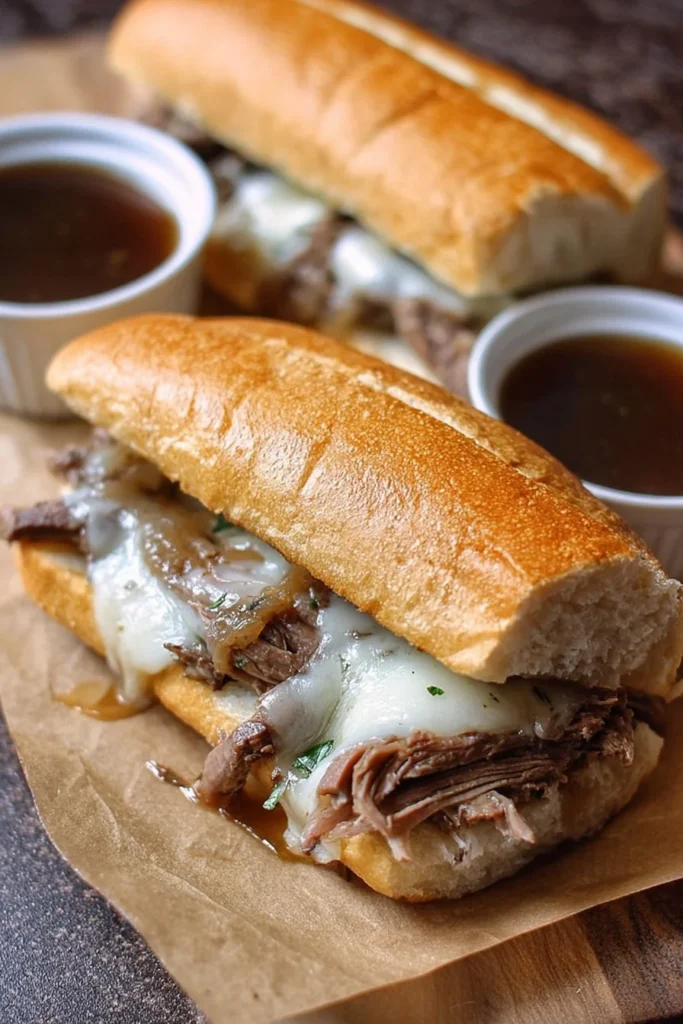 Crockpot French Dip Sandwiches served on a plate with dipping sauce