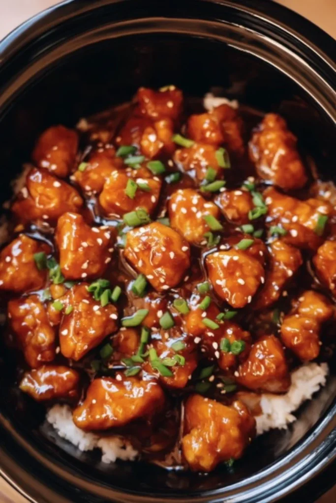Crockpot General Tso's Chicken served in a bowl with rice and vegetables
