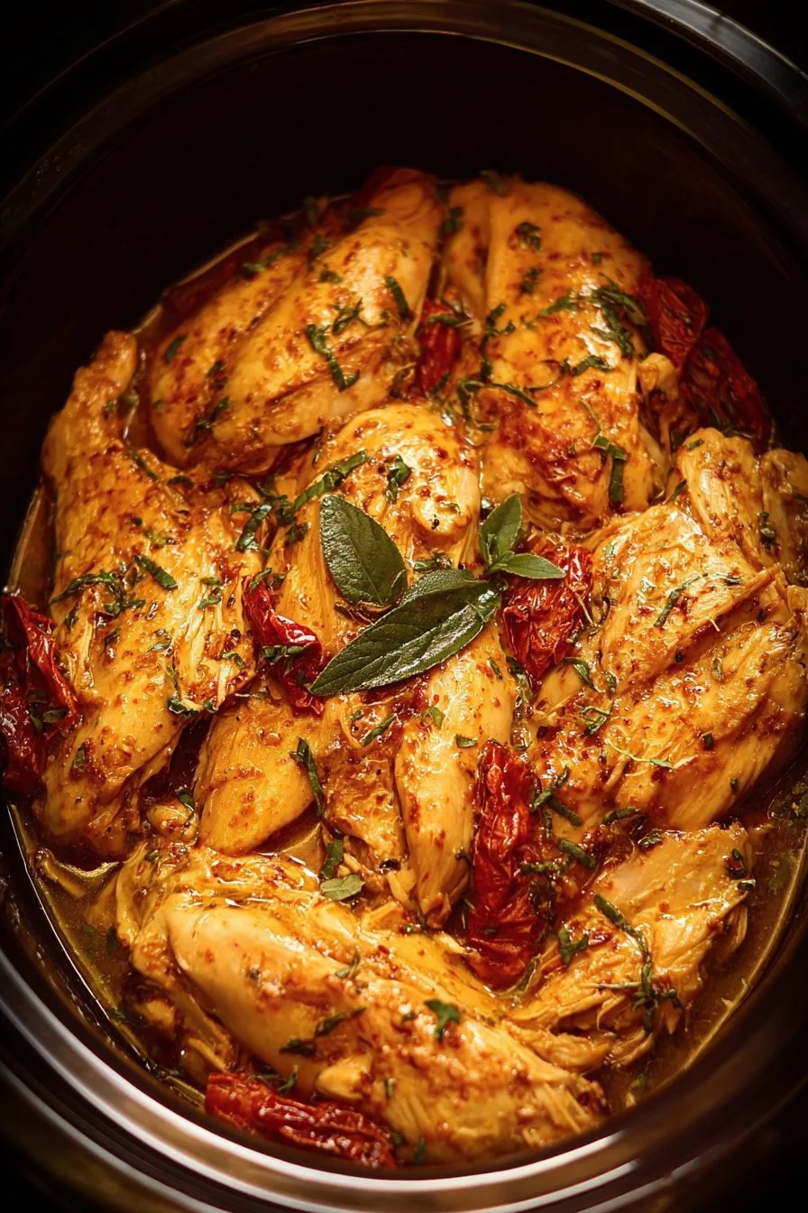 Delicious Crockpot Marry Me Chicken served on a plate with herbs and vegetables