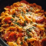 Crockpot Pizza Pasta dish with cheese and toppings in a bowl