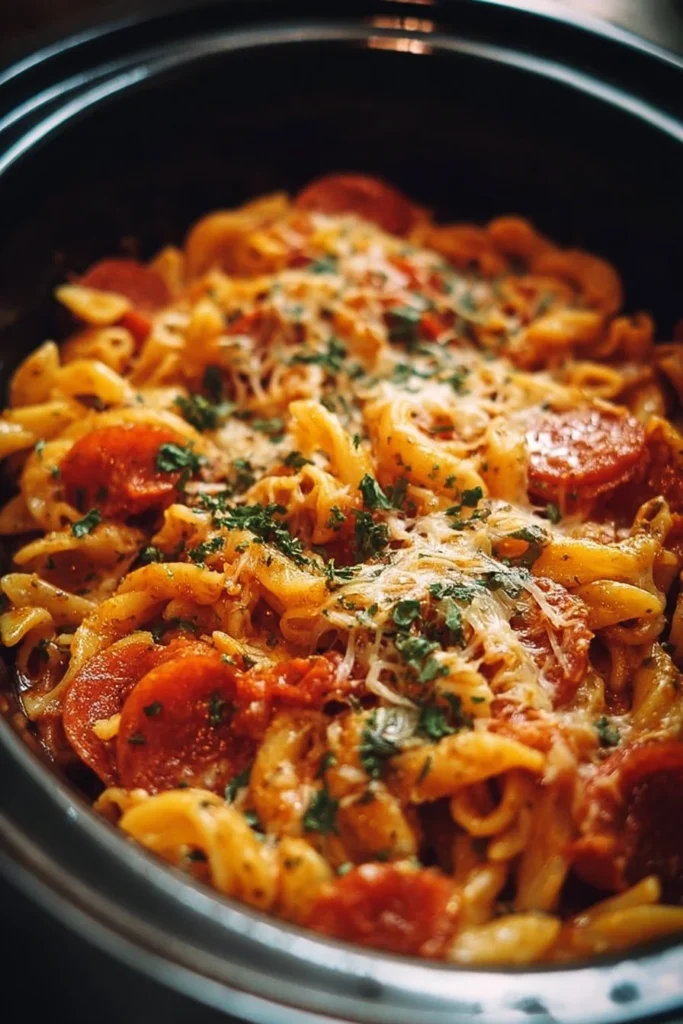 Crockpot Pizza Pasta dish with cheese and toppings in a bowl