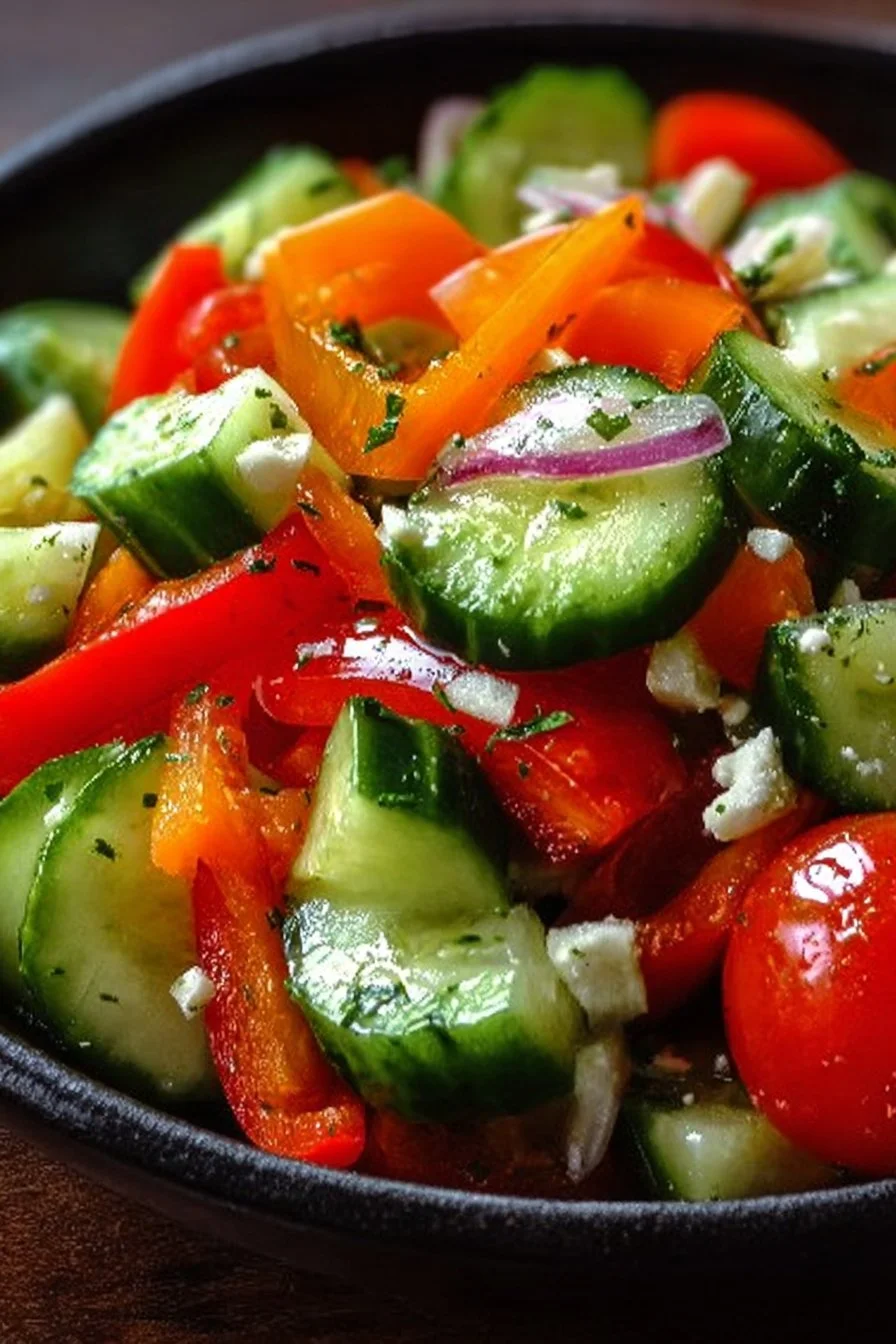 Cucumber and sweet pepper salad served in a bowl, garnished with herbs.