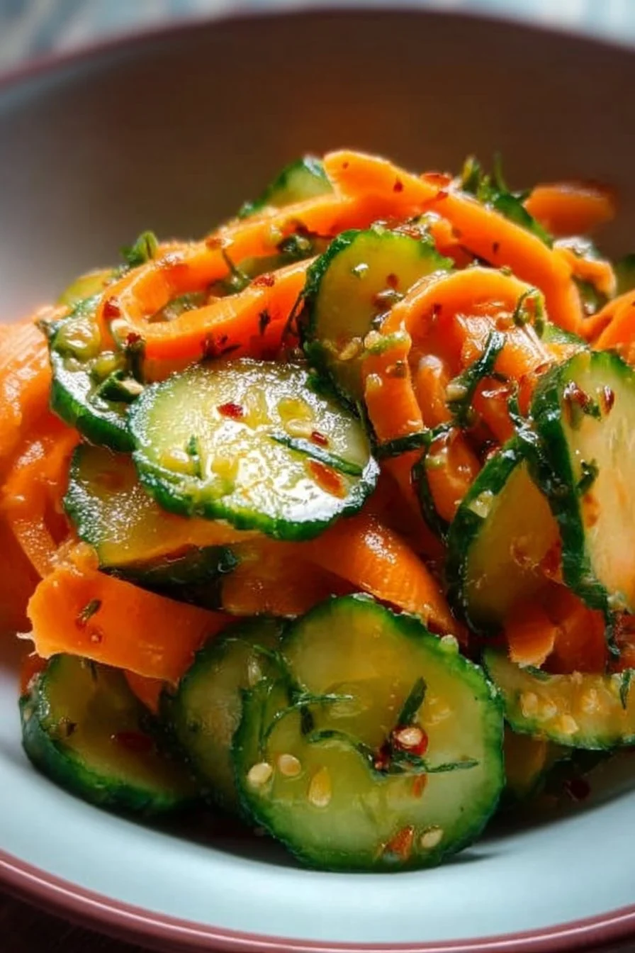 Fresh Cucumber Carrot Salad served in a bowl with colorful toppings