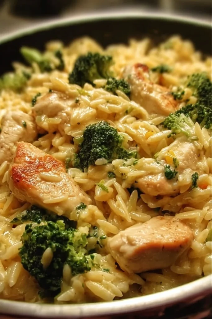 One-pot chicken broccoli orzo recipe with vibrant vegetables and tender chicken