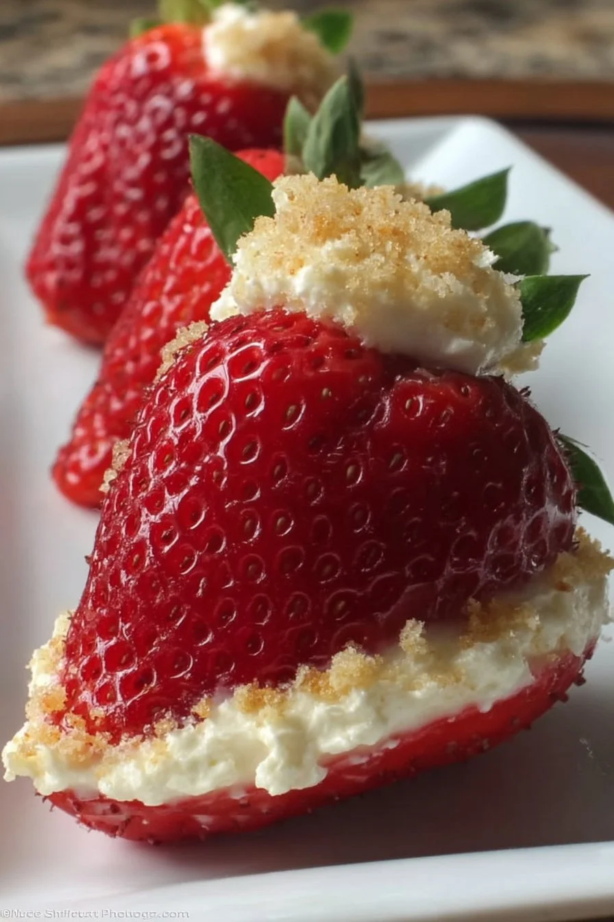 Deviled strawberries filled with cheesecake cream on a white plate